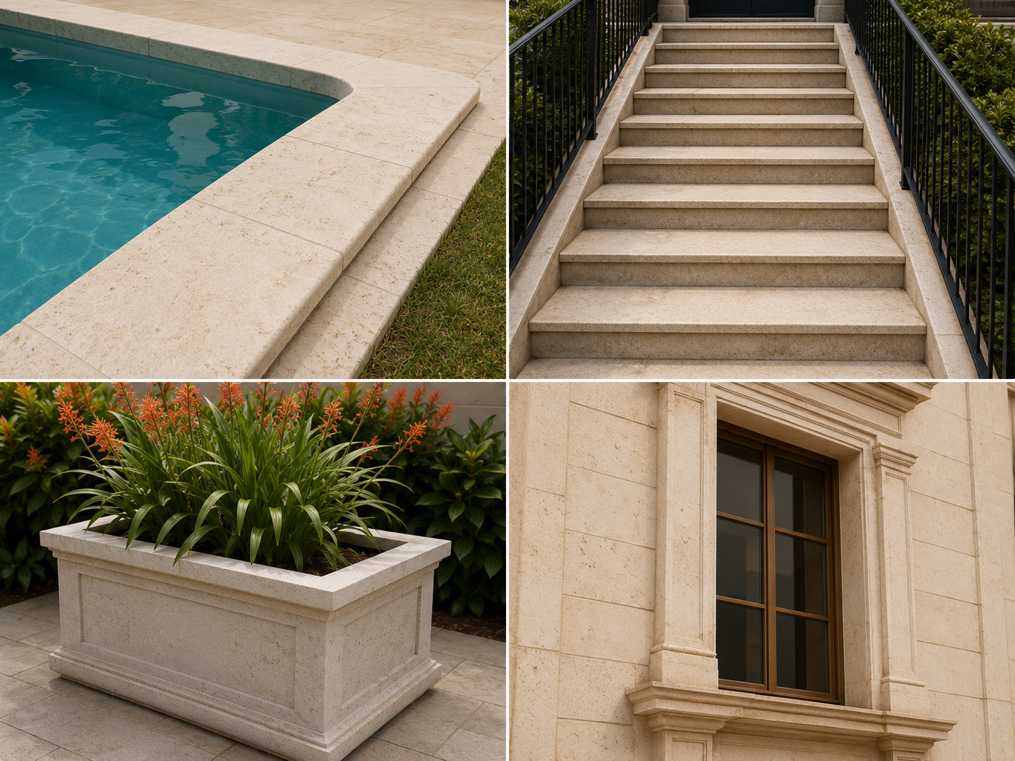 Usos de la piedra artificial en piscinas, escaleras, jardineras y fachadas